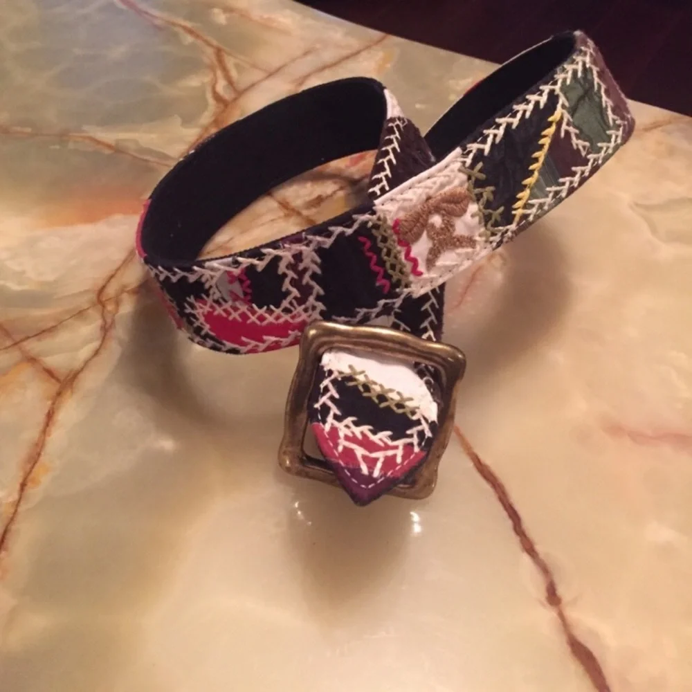 Lucky Brand Brown Patchwork Embroidered Belt with Red and Cream Accents